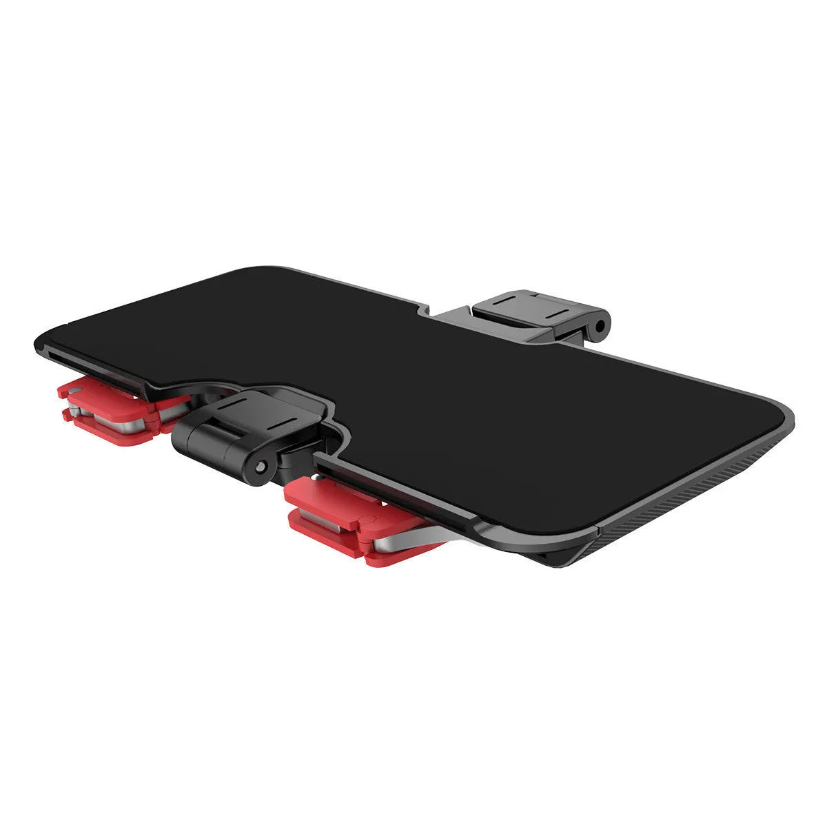 Black phone gaming trigger bracket stand with a metal handle and adjustable trigger for mobile shooting games.