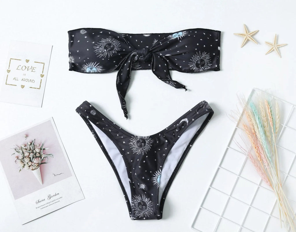 Black bikini print one-piece swimsuit with backless design for women