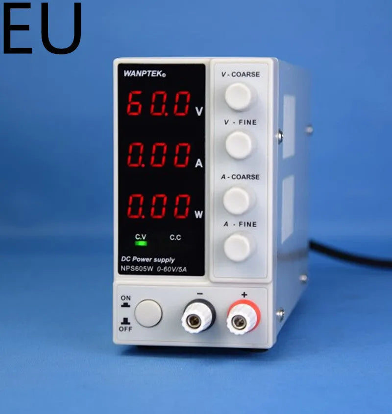 White adjustable DC laboratory power supply unit with controls for 0-60V and 0-5A output.