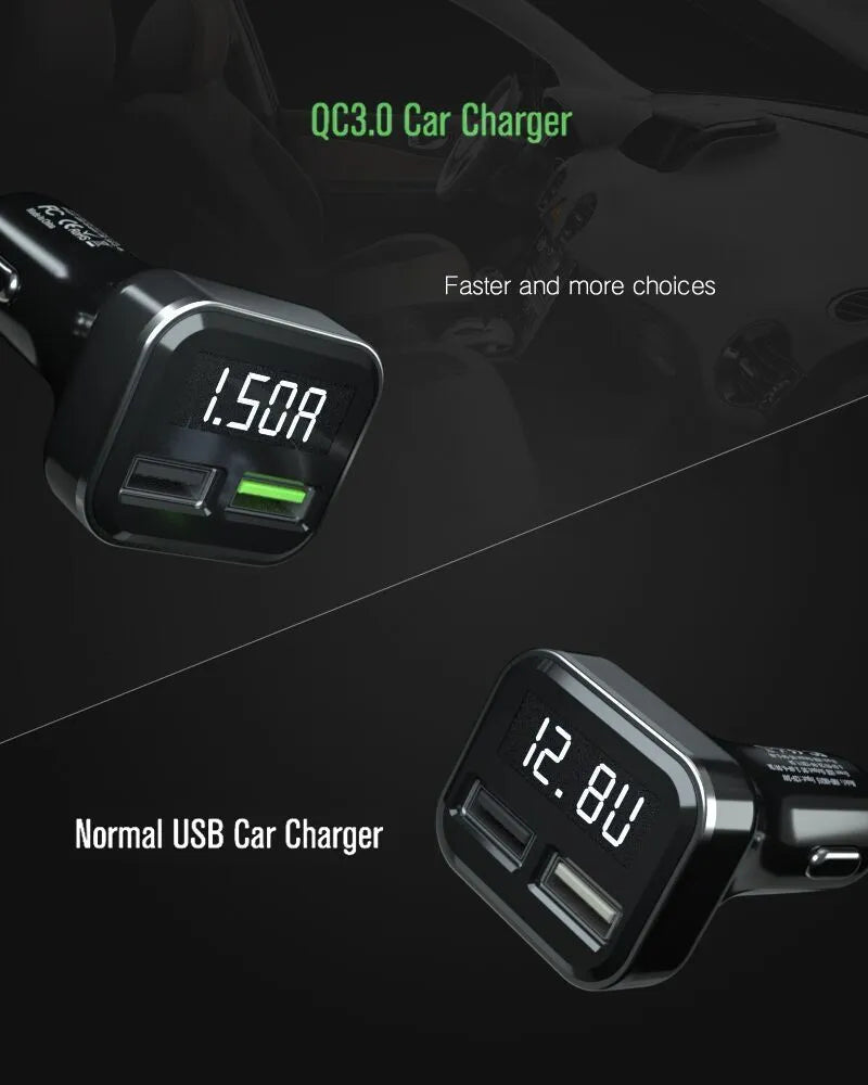 Black car charger with LCD display showing voltage reading, dual USB ports, PC+ABS construction