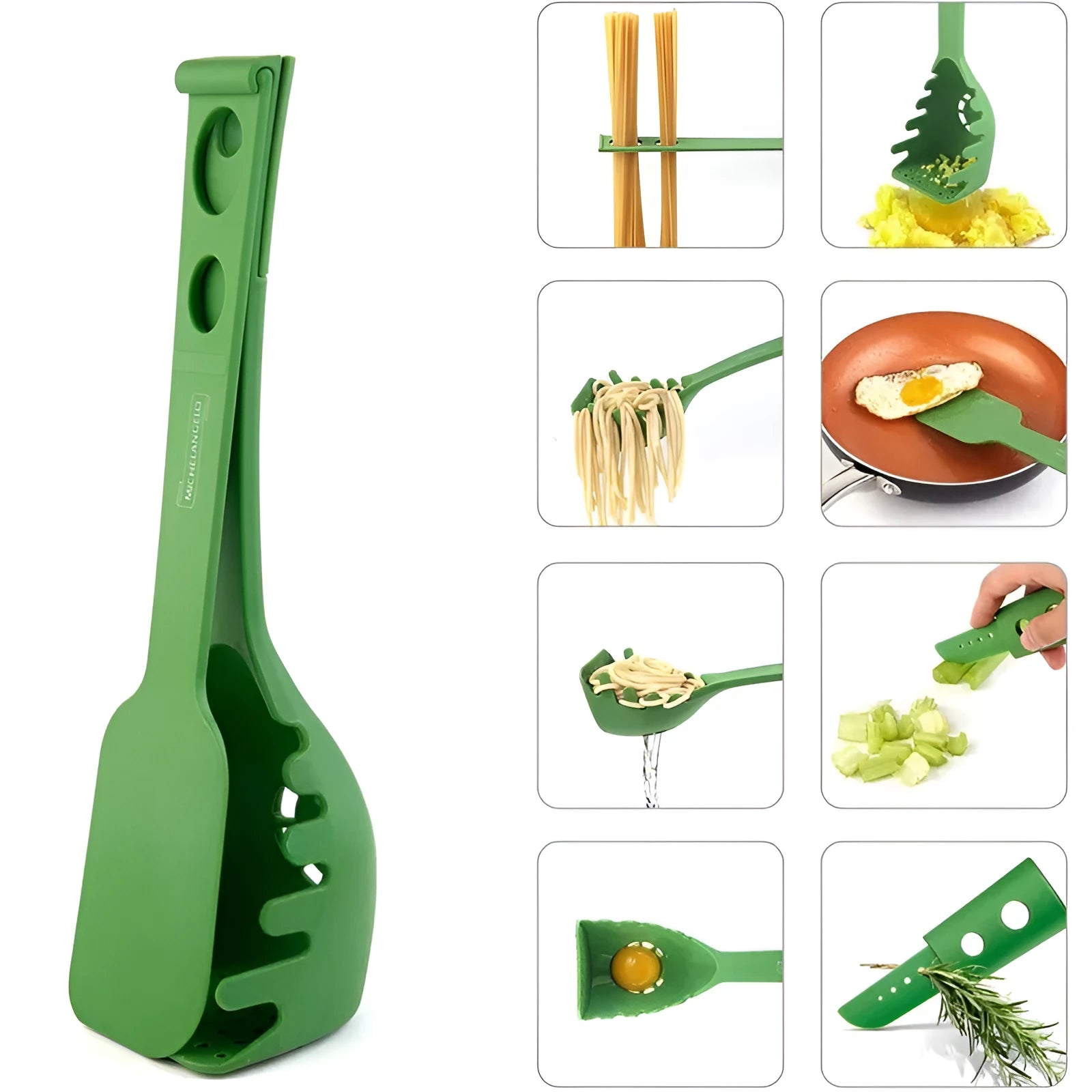 Plastic multifunction kitchen spoon set with spatula and spaghetti spoon measuring 30.5cm and 28cm
