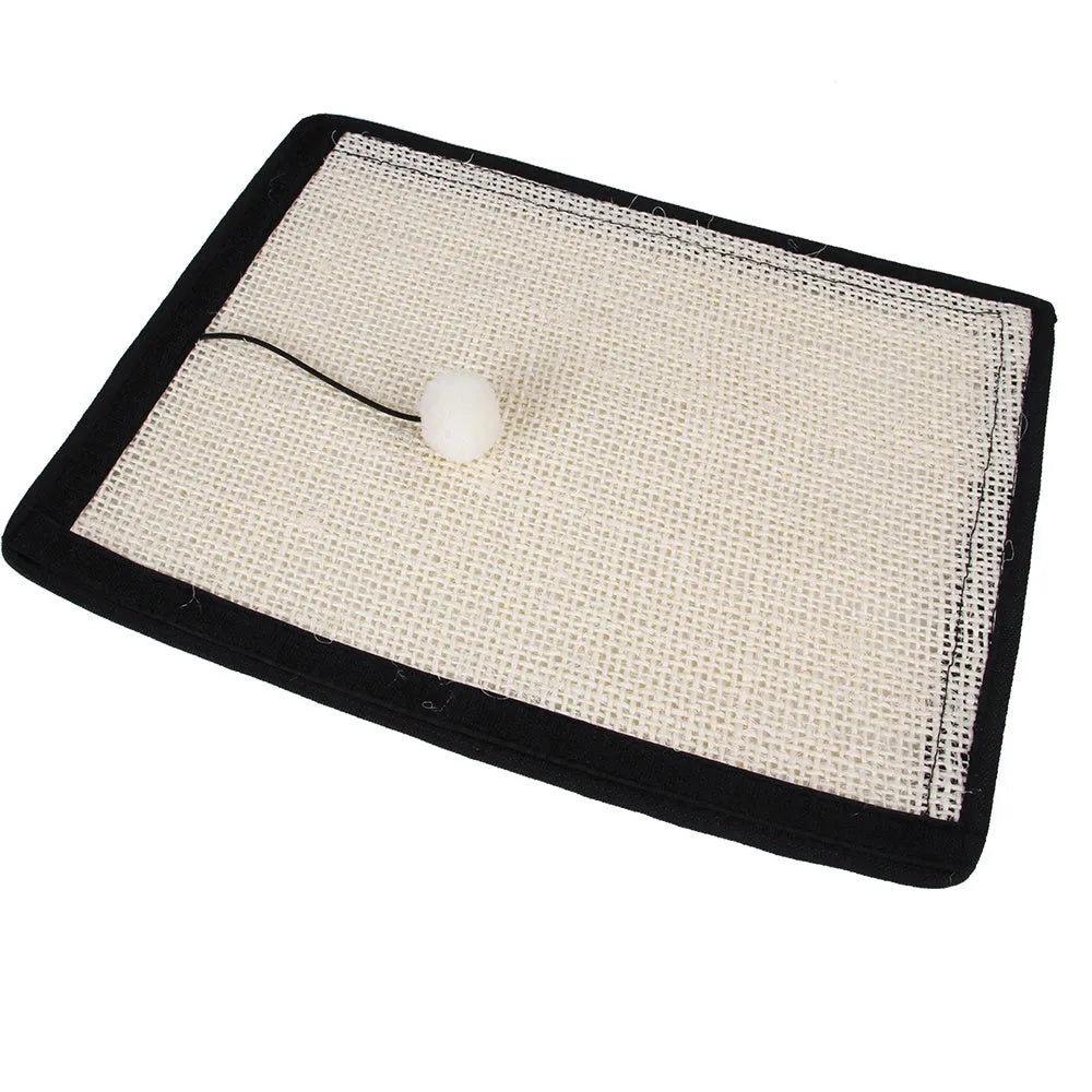Beige cat scratch board sisal pad on sofa armrest for furniture protection, handrail style