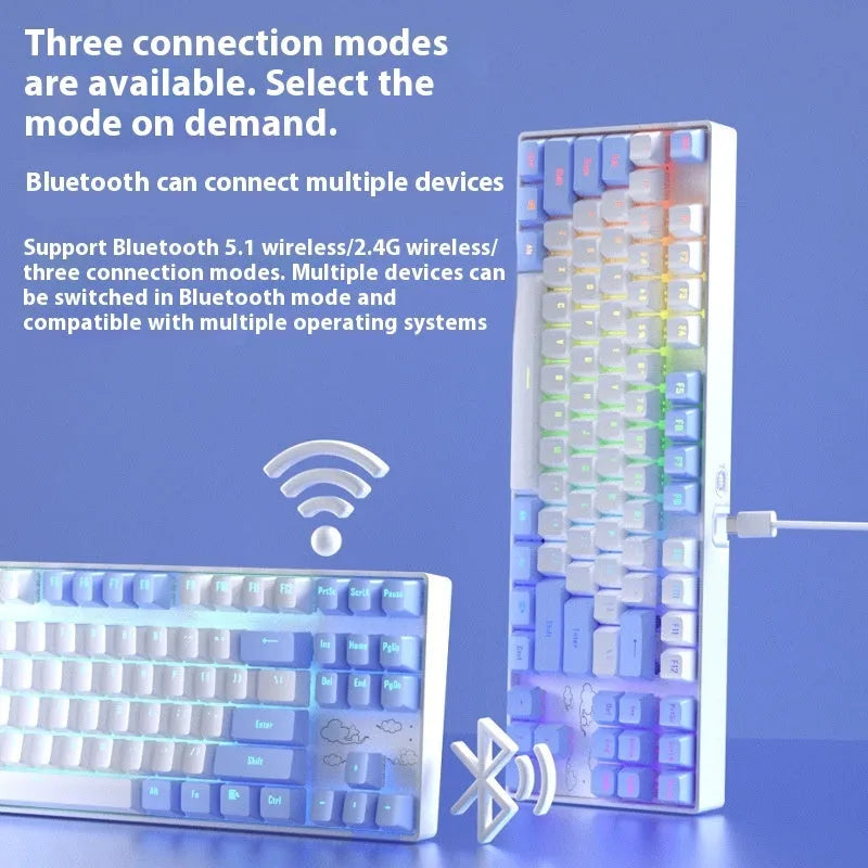 Wireless mechanical keyboard with metal casing and backlit keys in blue-white colour option