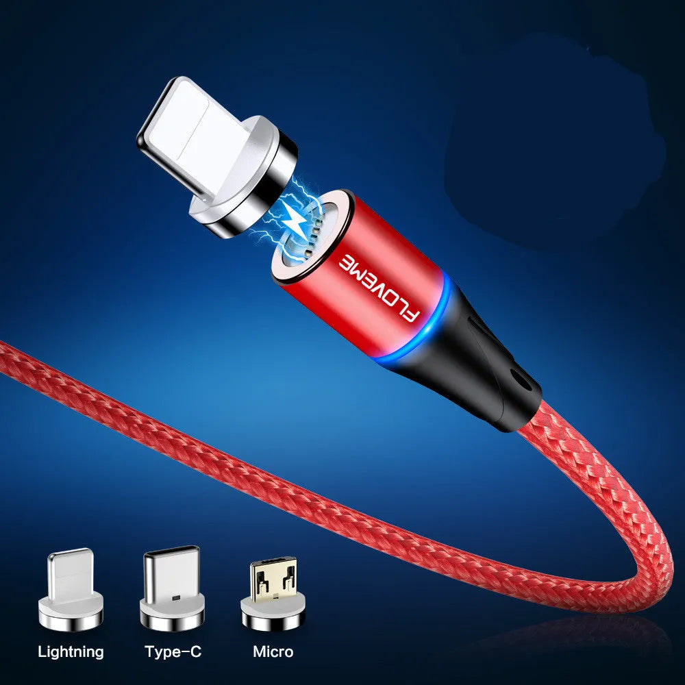 Black magnetic fast-charge data cable with side LED light and Type-C, Lightning, and Micro-USB connectors.