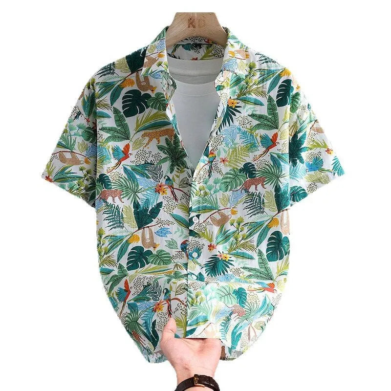 Men's short sleeve casual shirt in Hawaiian floral print, cotton button-down cardigan style