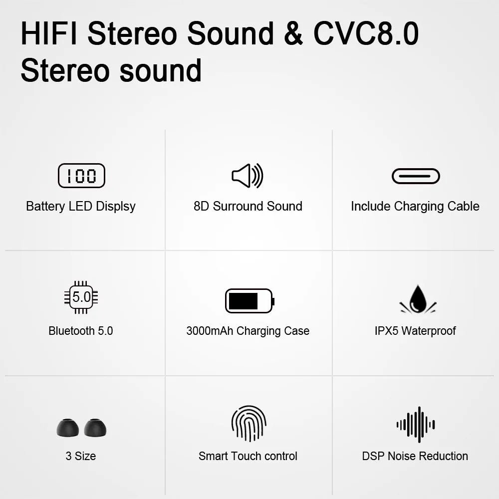 Black TWS Bluetooth headset wireless earbuds with charging case on white background