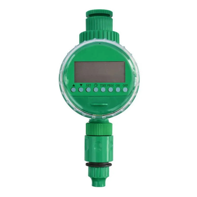 Automatic watering timer in green for drip irrigation with dial interface and brass connectors