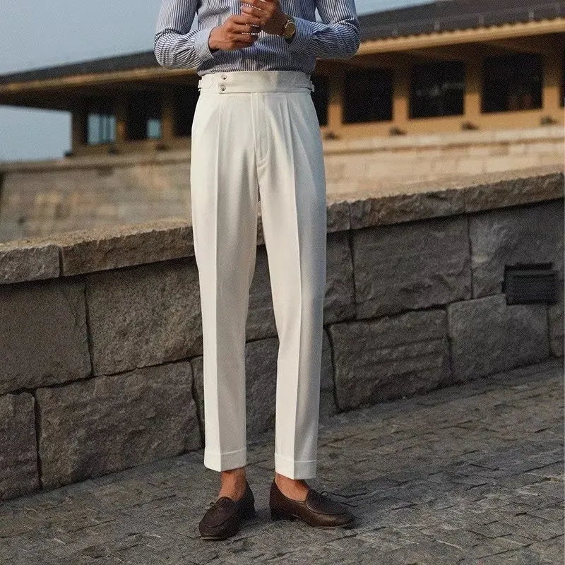 Slim fit straight leg business trousers in polyester blend fabric available in three colours
