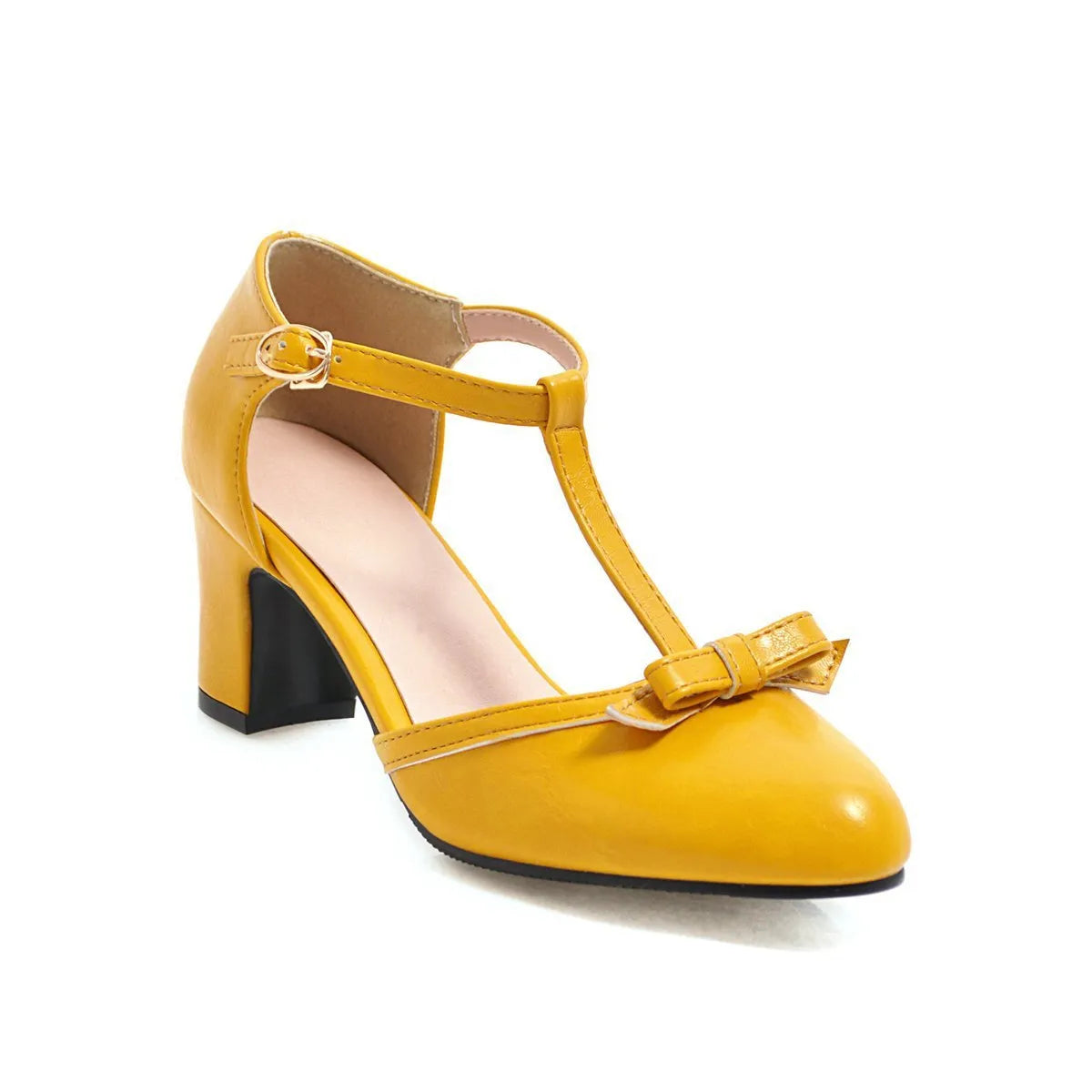 Yellow women's sandals with a chunky heel, buckle strap, and round toe.