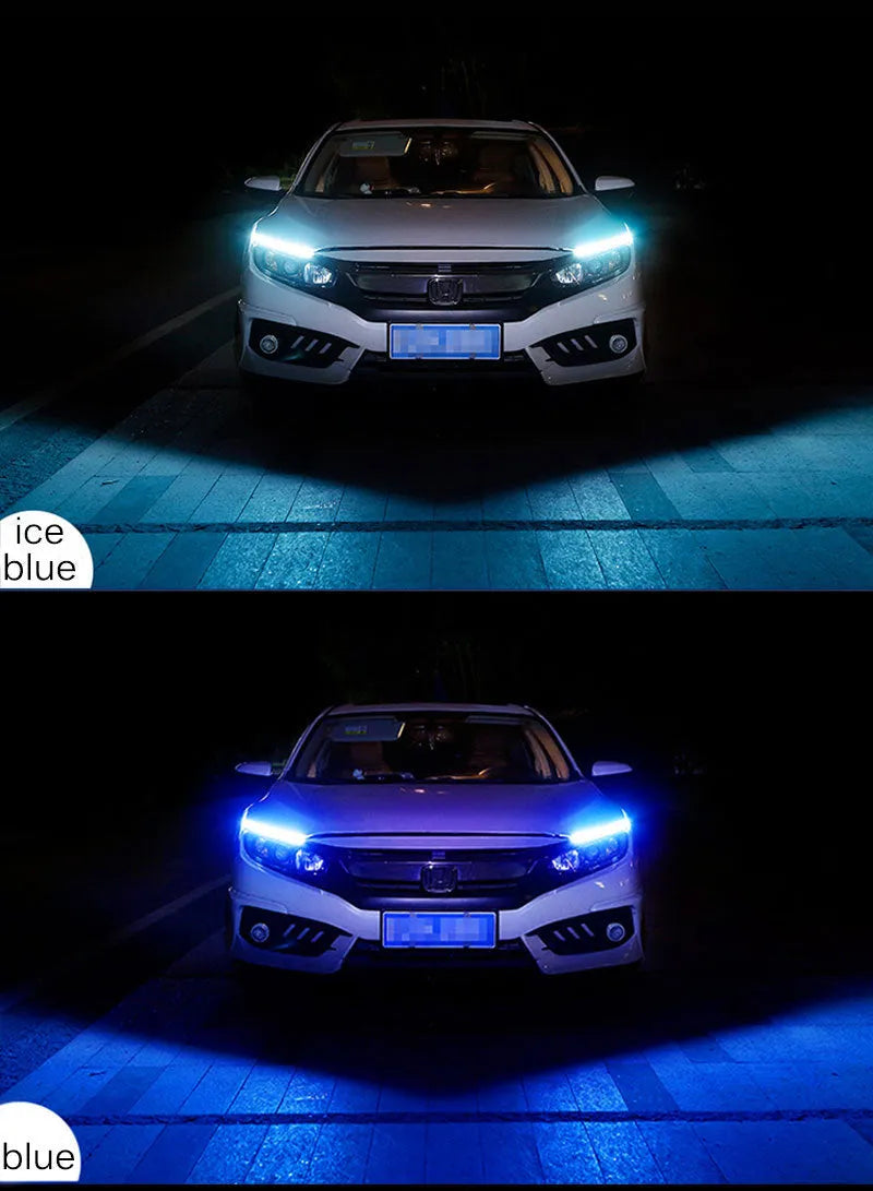 Flexible silicone car LED daytime running light strip with flowing turn signal animation