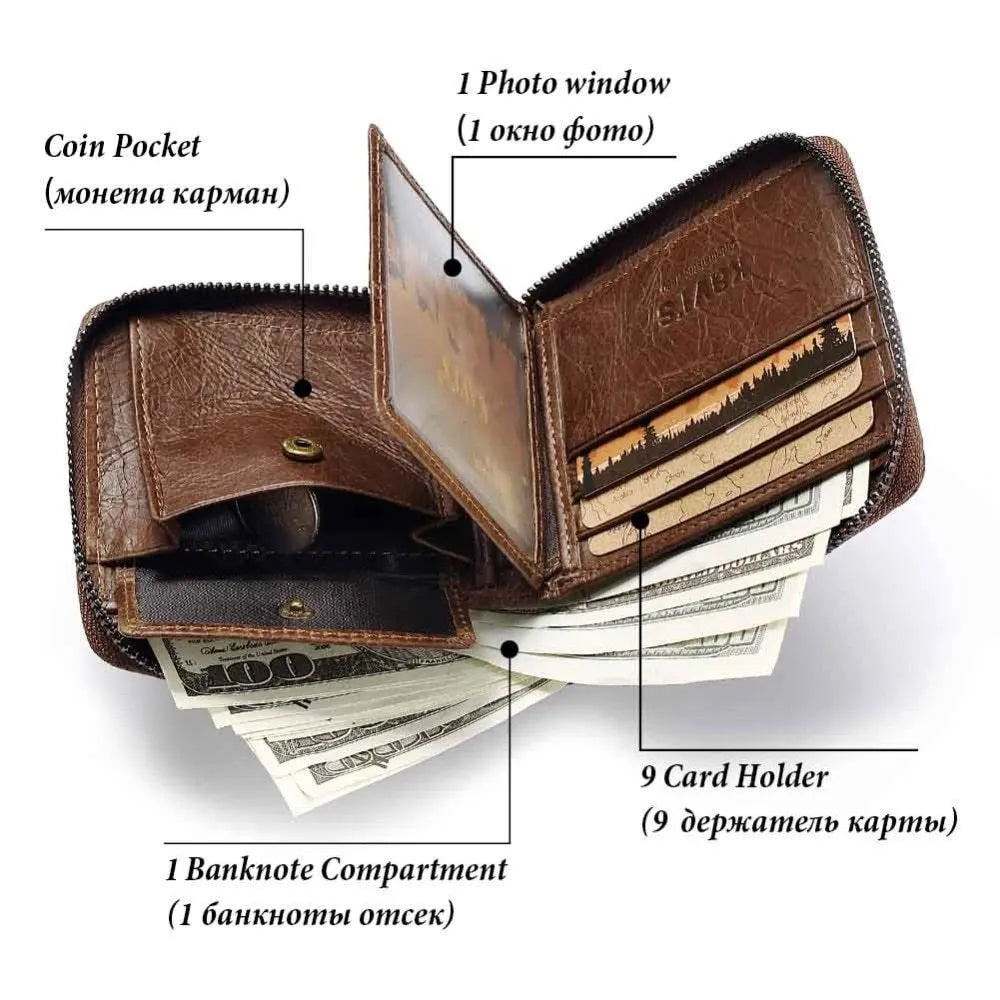 Men's genuine coffee leather zip wallet with vintage locomotive motif, open showing card slots and coin pocket