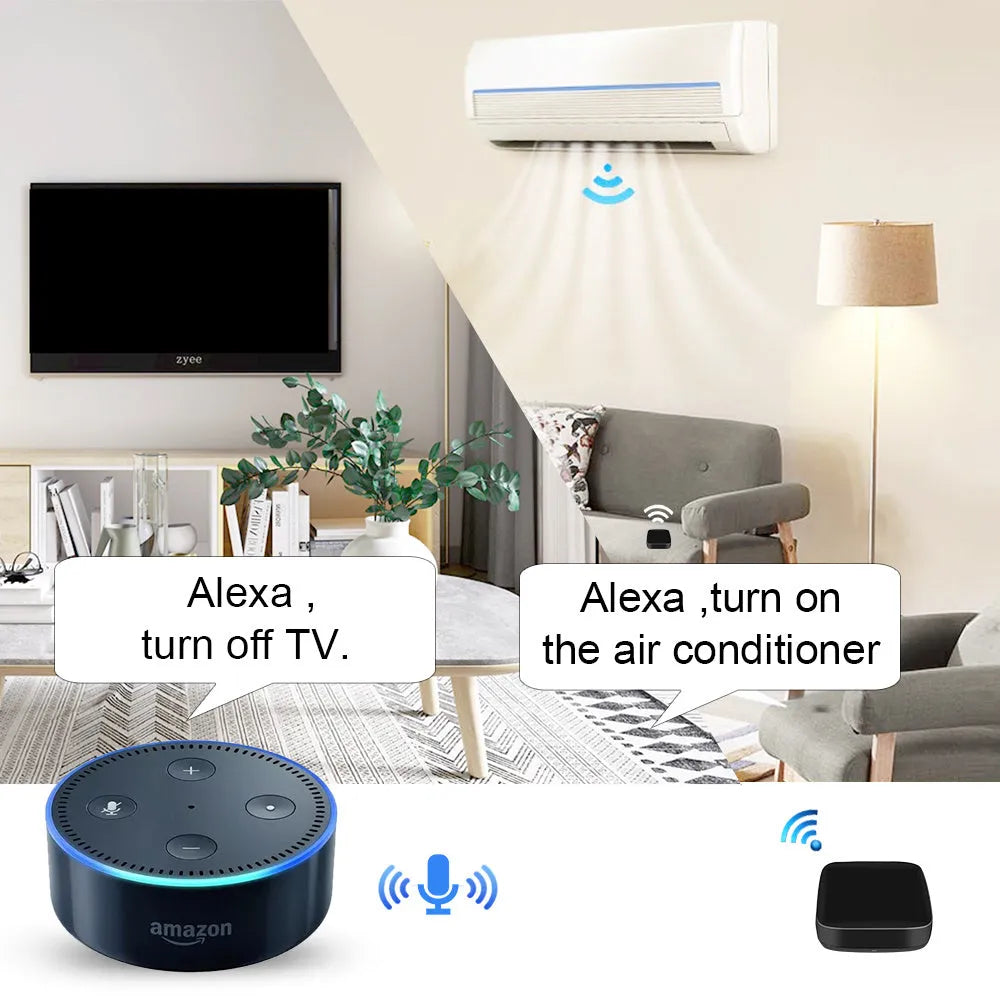 Black voice control universal infrared remote control with WiFi connectivity for smart home automation