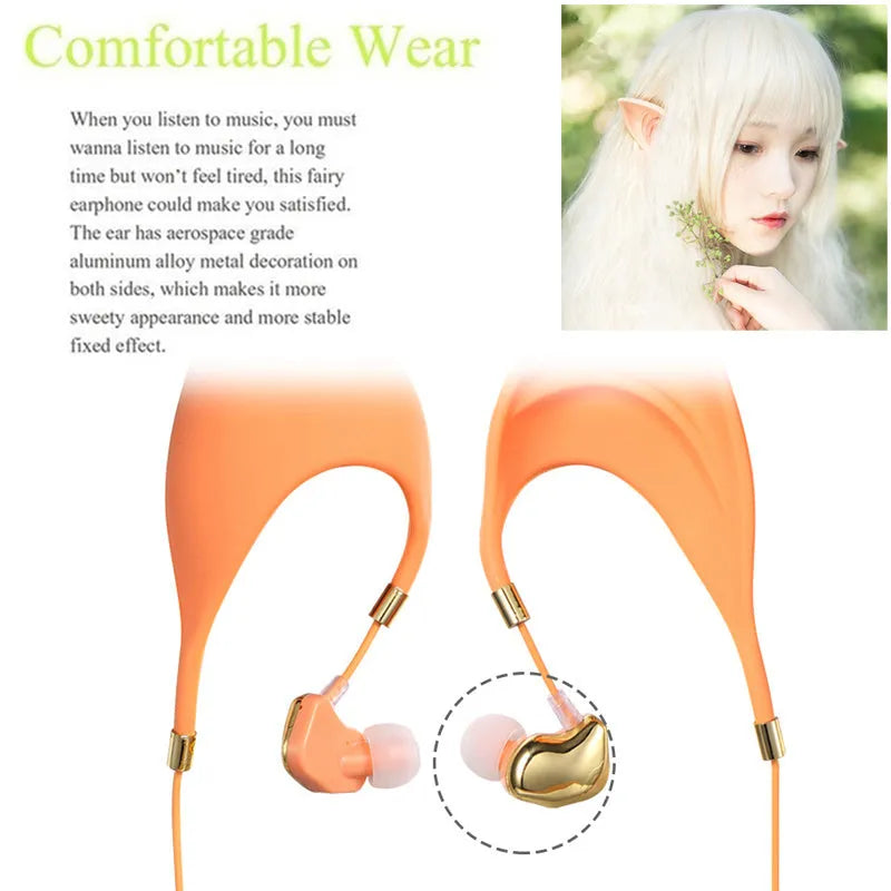 Cute cartoon elf ear in-ear headphones with mic 3.5mm wired cosplay headset in black