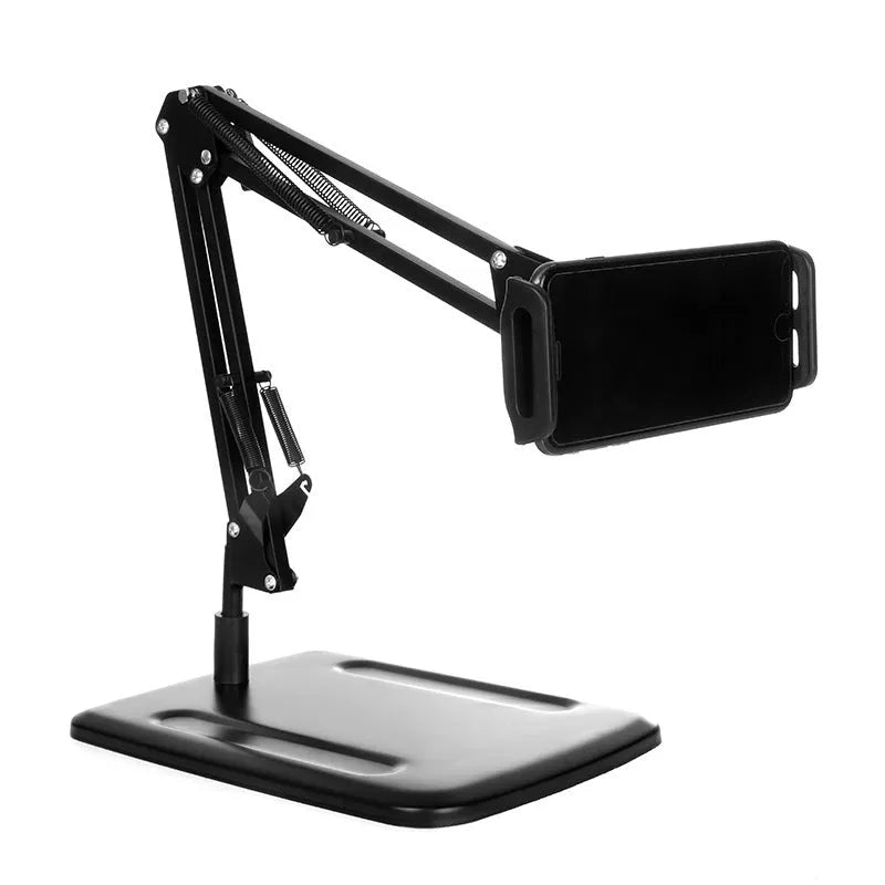Universal mobile phone holder with metal bracket, 23cm arm, 60cm height, heavy plastic base, 360-degree ball head, for iPad Mini and iPhone desktop bed stand