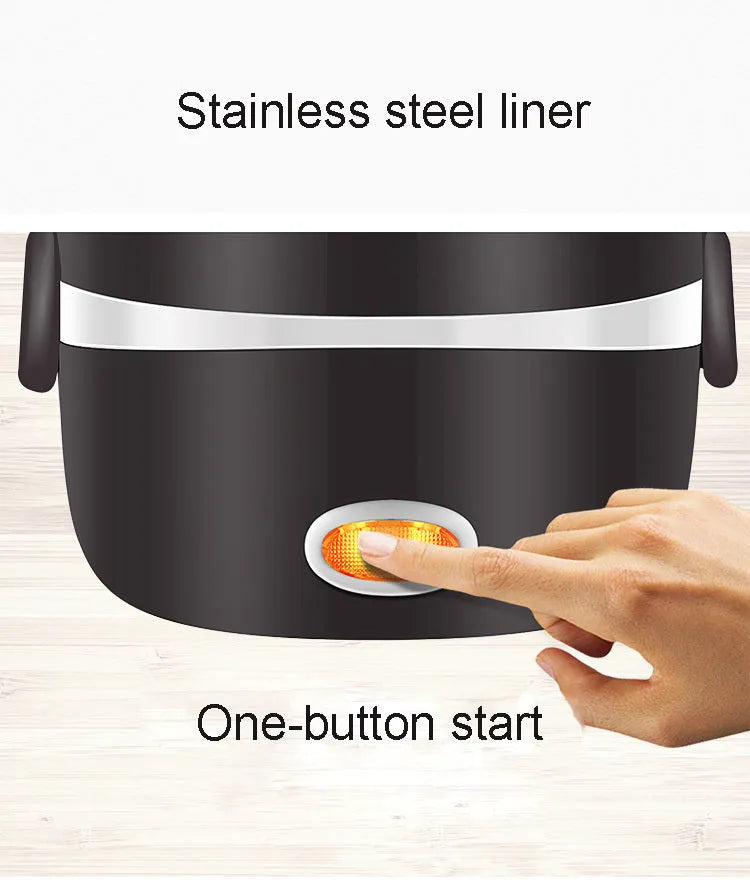 USB-powered multi-function lunch box showing 2-layer and 3-layer configurations with 190mm dimensions