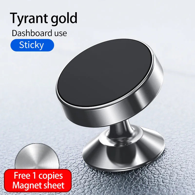 Black car phone holder with suction cup magnetic mount on dashboard, 360 degree rotation