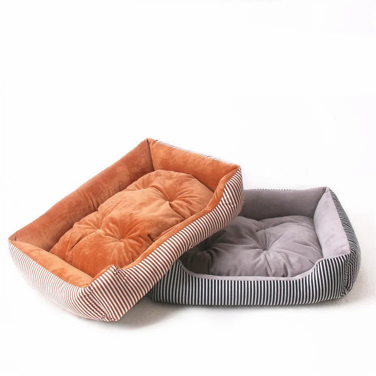 Oval cloth pet bed in Grey stripe, 60 cm diameter, with raised rim and anti-slip base