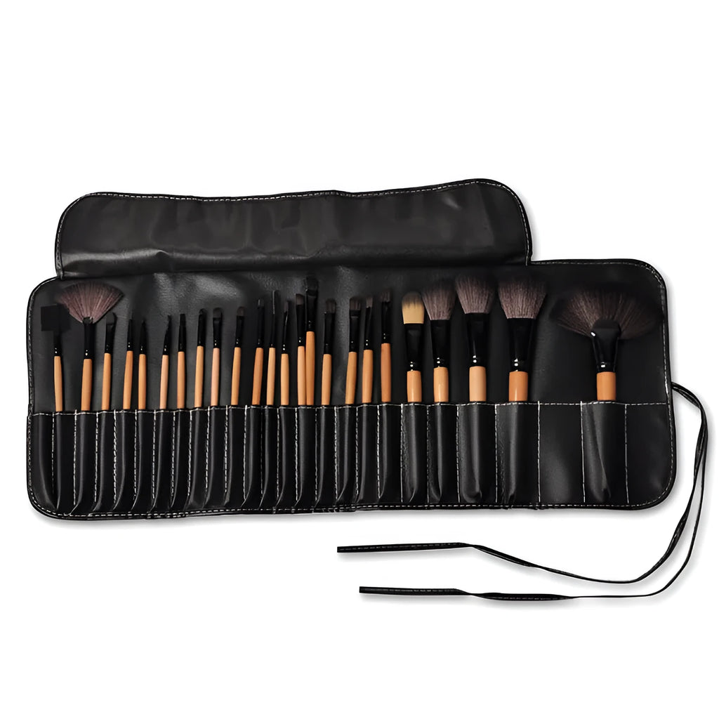 Palette 24-piece makeup brush set in PU leather bag with wooden handles and artificial fibre bristles