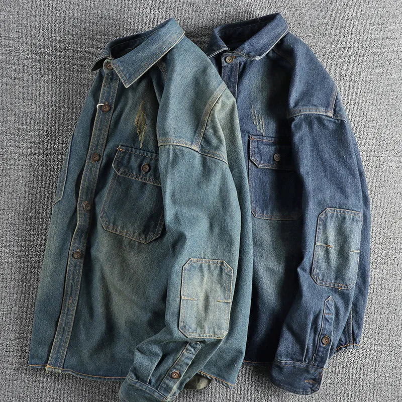 Men's light blue washed vintage denim shirt with loose cardigan style and long sleeves
