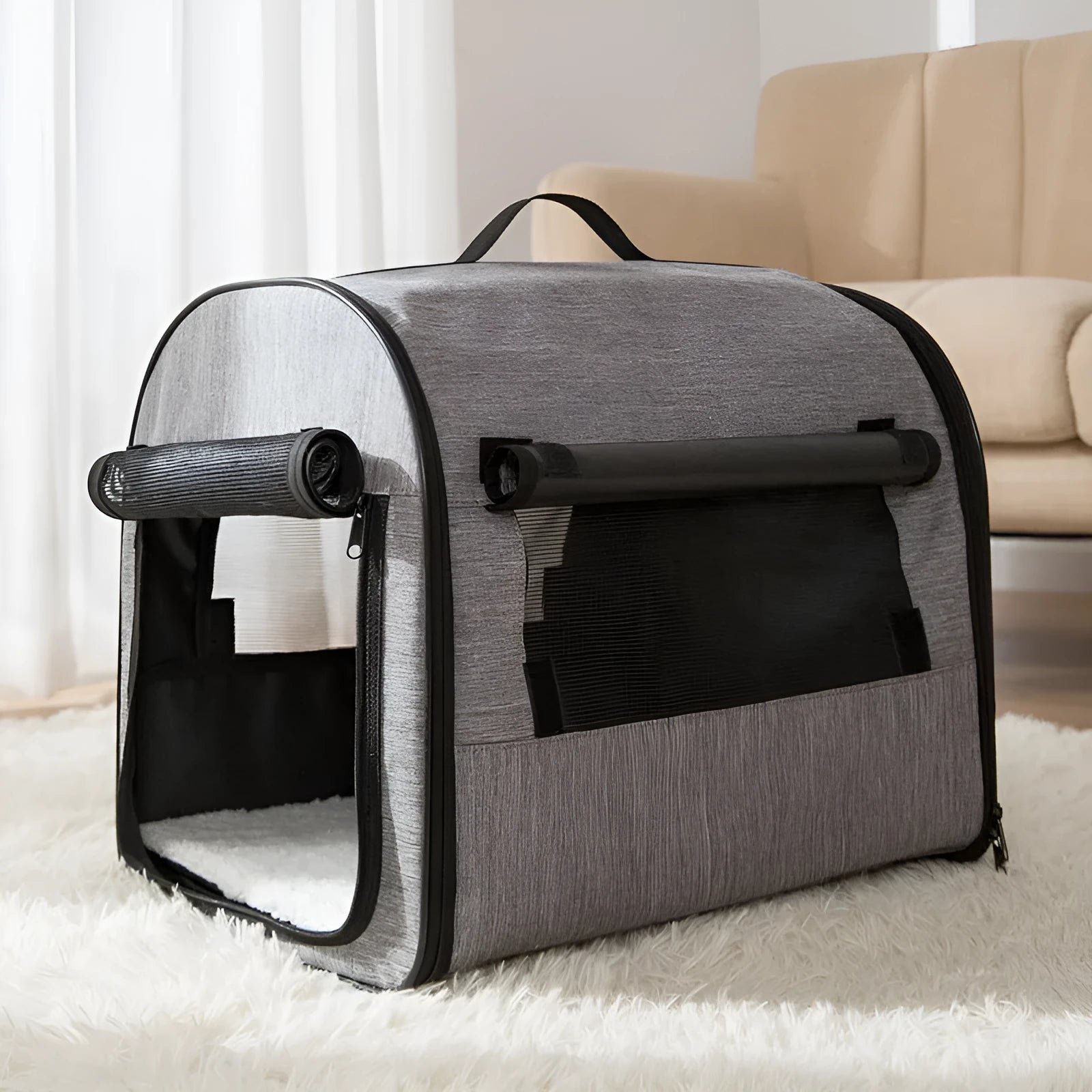 Grey portable cylinder dog cage house pet carrier with mesh windows and roll-up sunshade