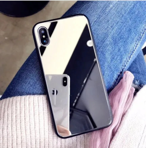 Black iPhone back cover case with a square mirror inset on the back.