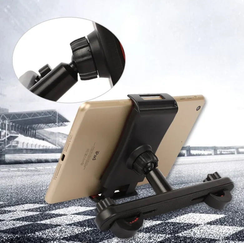Universal tablet holder for car rear seat, black, rotary bracket, 121x270mm, attached to headrest