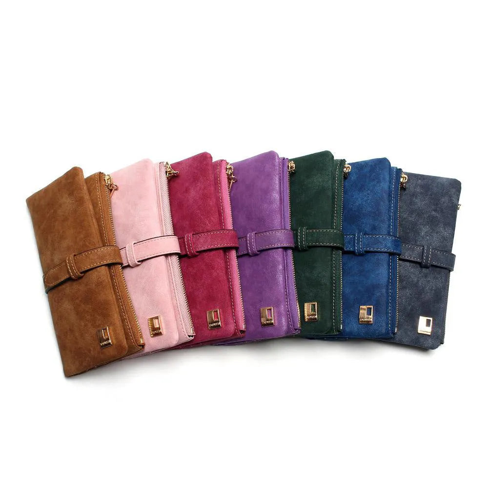 Women's retro matte PU leather long wallet with zip closure showing internal card slots and compartments