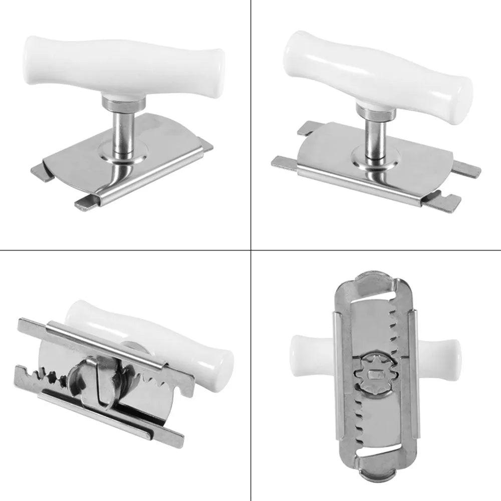 White stainless steel adjustable bottle opener with gear mechanism and PP anti-skid handle on a surface