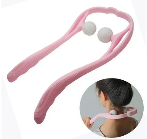 Blue plastic swan-shaped handheld neck massager with a flexible stand on a white background.