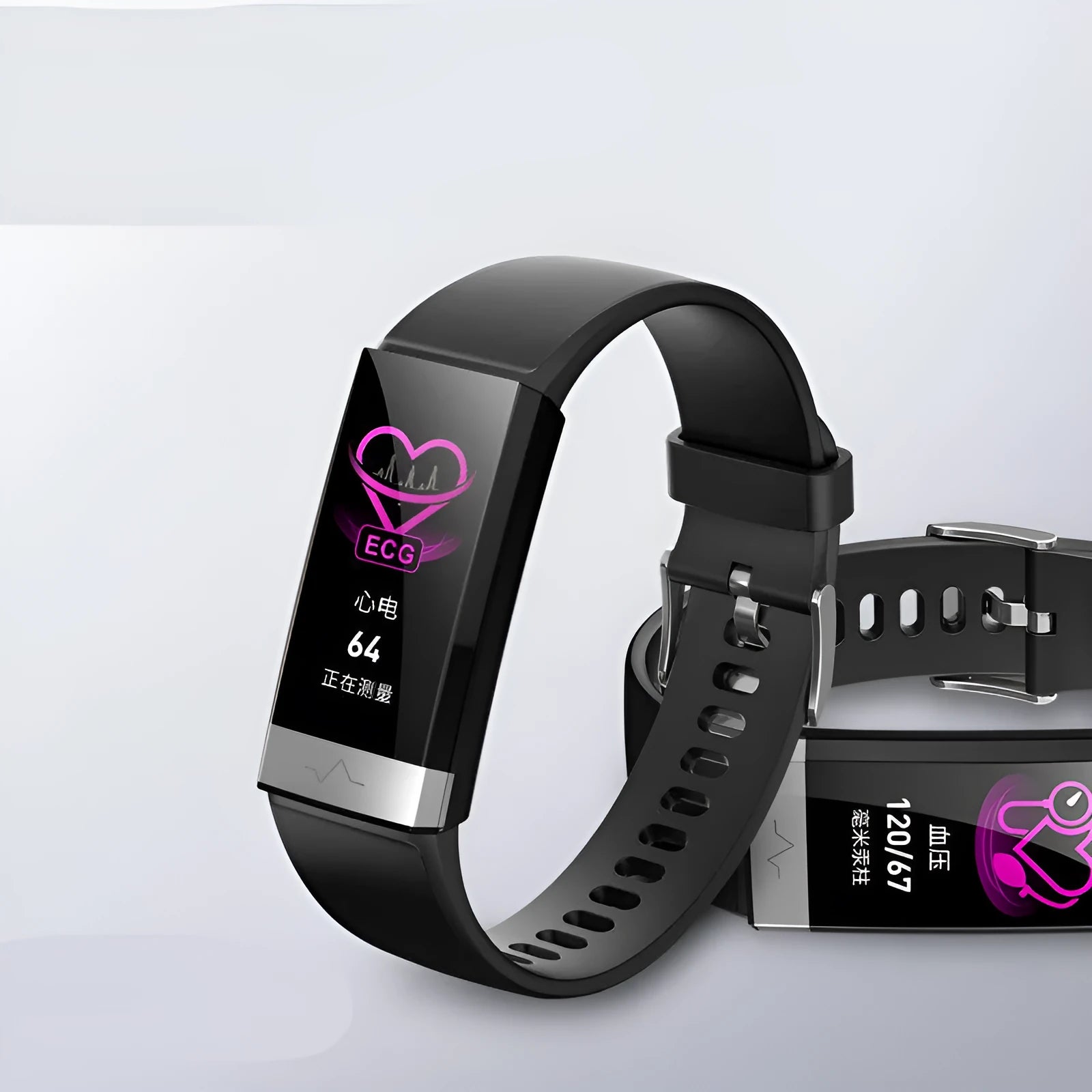 V19 smart fitness bracelet with colour screen, shown in black, blue, and red colour options on a wrist.