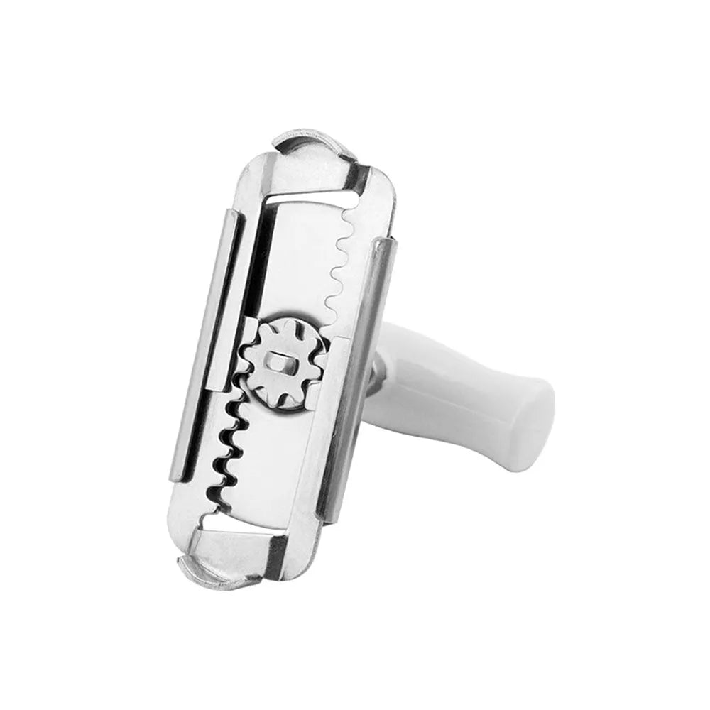 White stainless steel adjustable bottle opener with gear mechanism and PP anti-skid handle on a surface