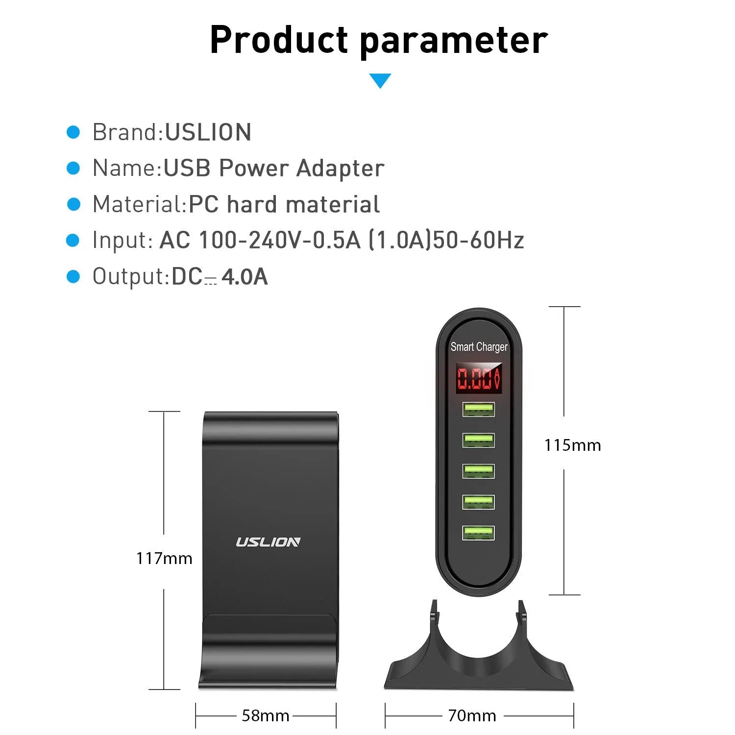 Smart LED digital display USB wall charger in black or white with selectable EU, UK, or US plug
