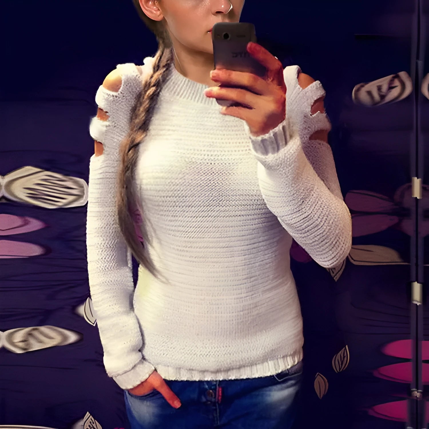 Women's white hollow-out crochet knit shirt with round neck and long sleeves