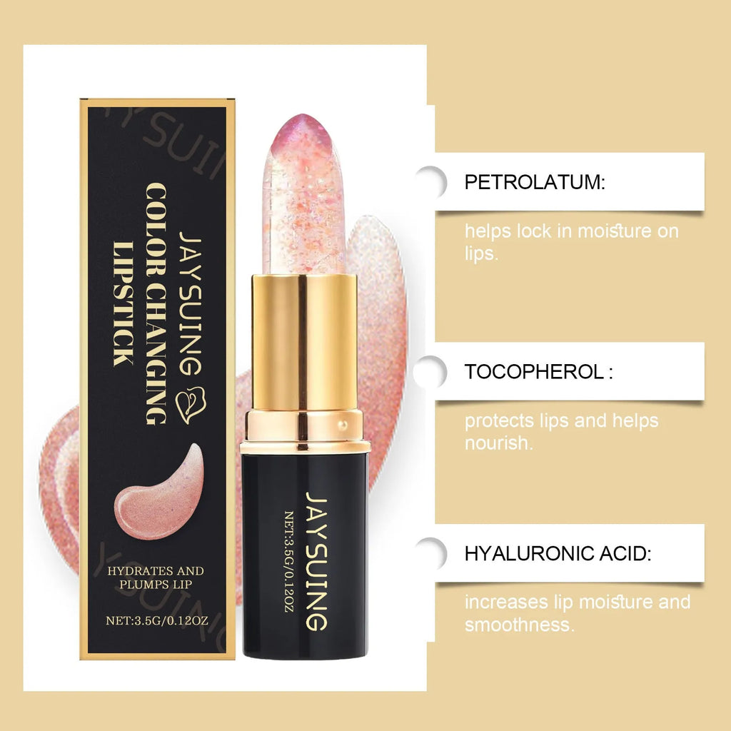 Moisturising colour changing lipstick with hyaluronic acid and jojoba oil, 3.5g, displaying a sheer pink tint