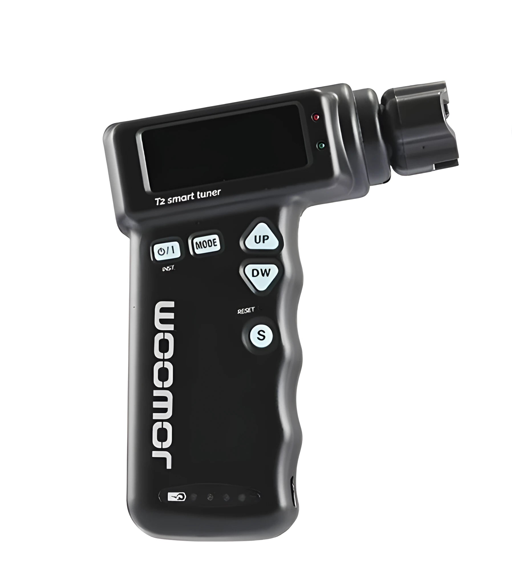 Multi-functional smart guitar tuner with string winder 2-in-1 tool, black and white, with colour LCD display showing tuning status