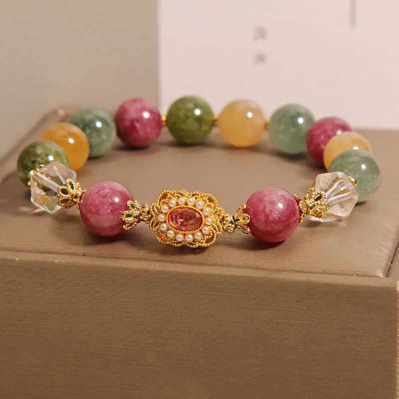Jade colour tourmaline bracelet for women with alloy inlaid artificial gem and rhinestone details on pearl crystal base