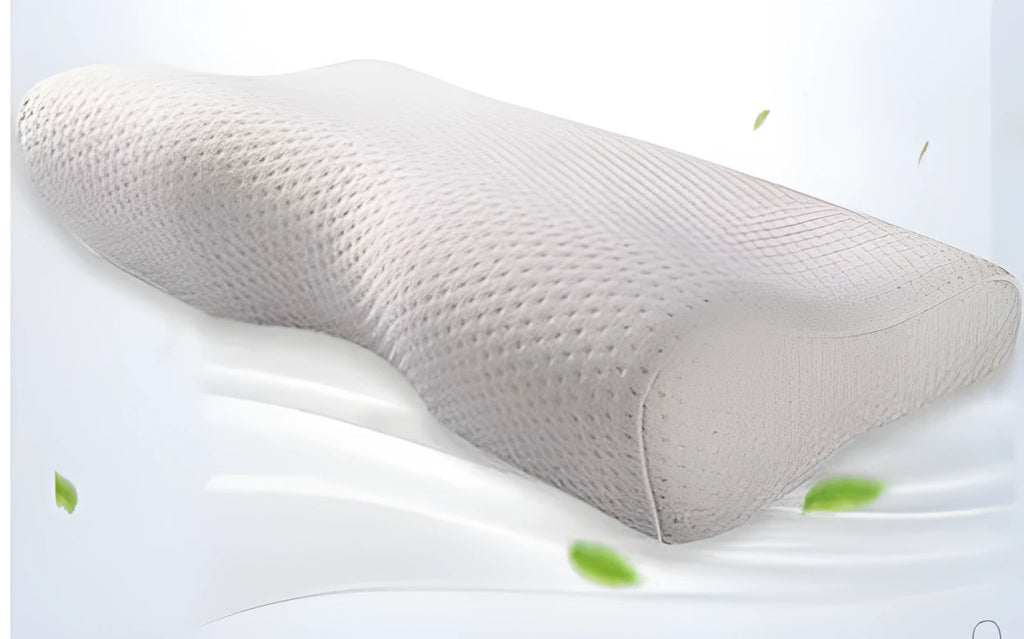 Blue memory cotton butterfly cervical pillow with polyester cover on a bed