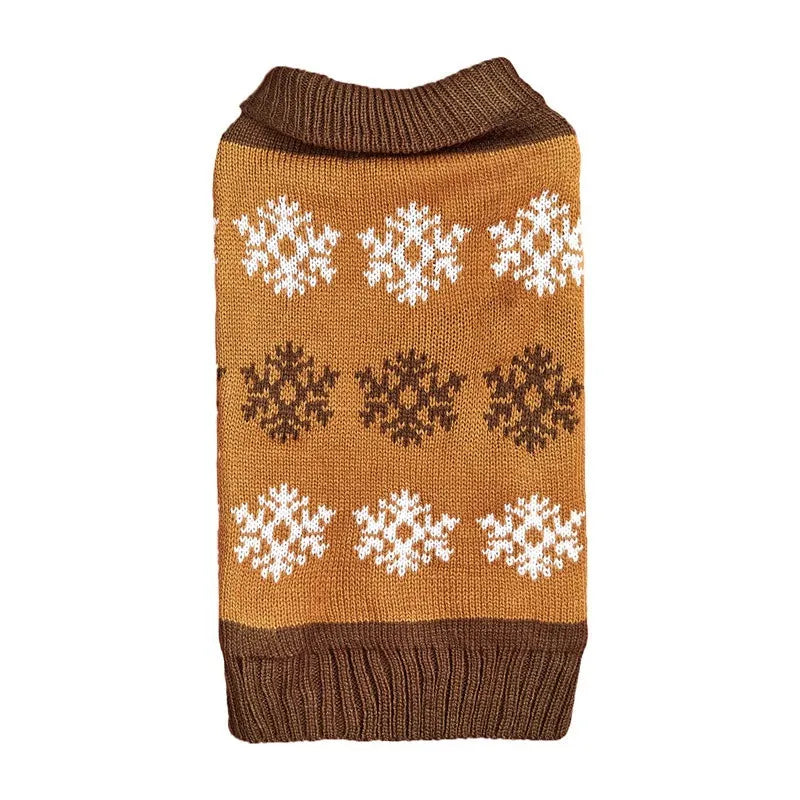 Grey and dark brown dog Christmas sweater with snowflake patterns and acrylic knit material