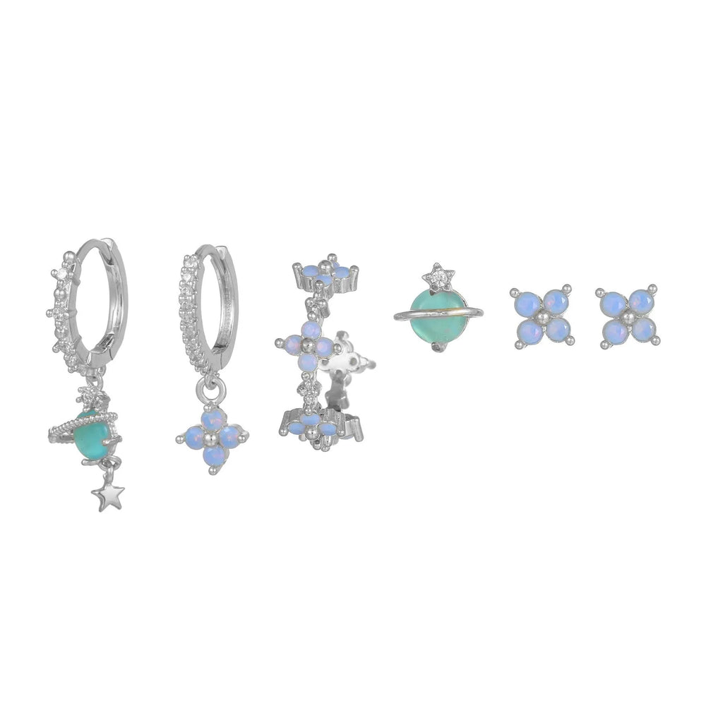Gold and silver flower ear studs with zircon mosaic geometric Japanese Korean style design