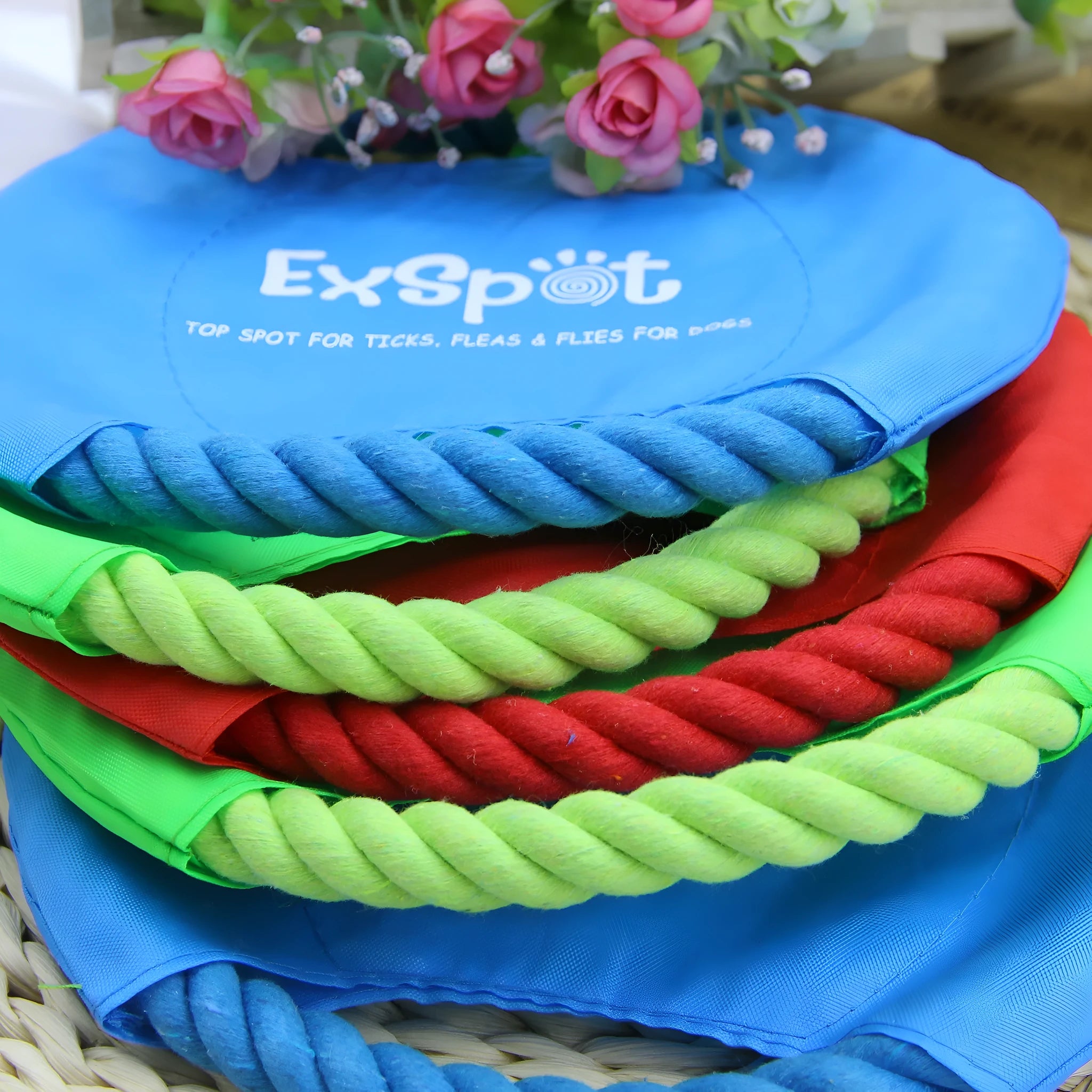 Canvas and rope dog flying disc toy 19cm diameter on grass for outdoor fetch