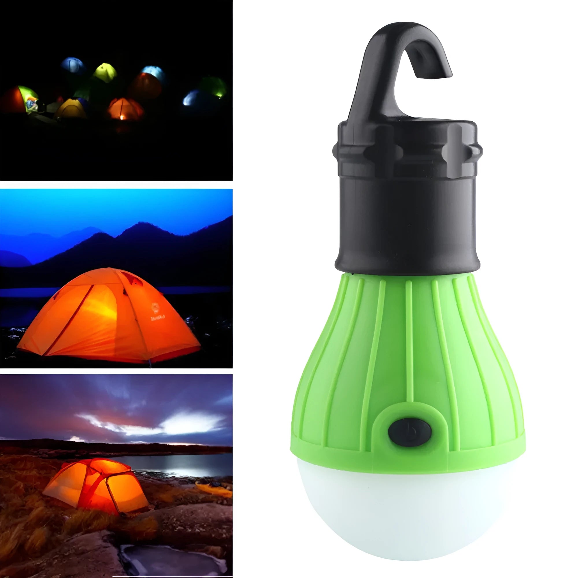 Portable hanging hook camping light with LED illumination in multiple colour options
