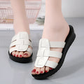 Large size flat bottom women's slippers in beige with soft PU sole and breathable viscose upper