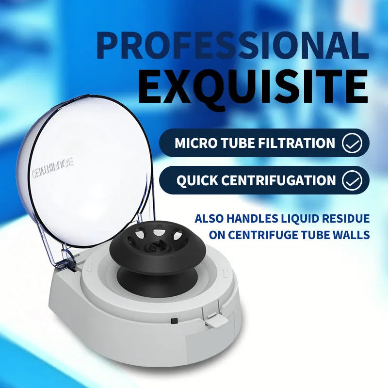 Small white mini laboratory benchtop centrifuge with closed lid, compact design