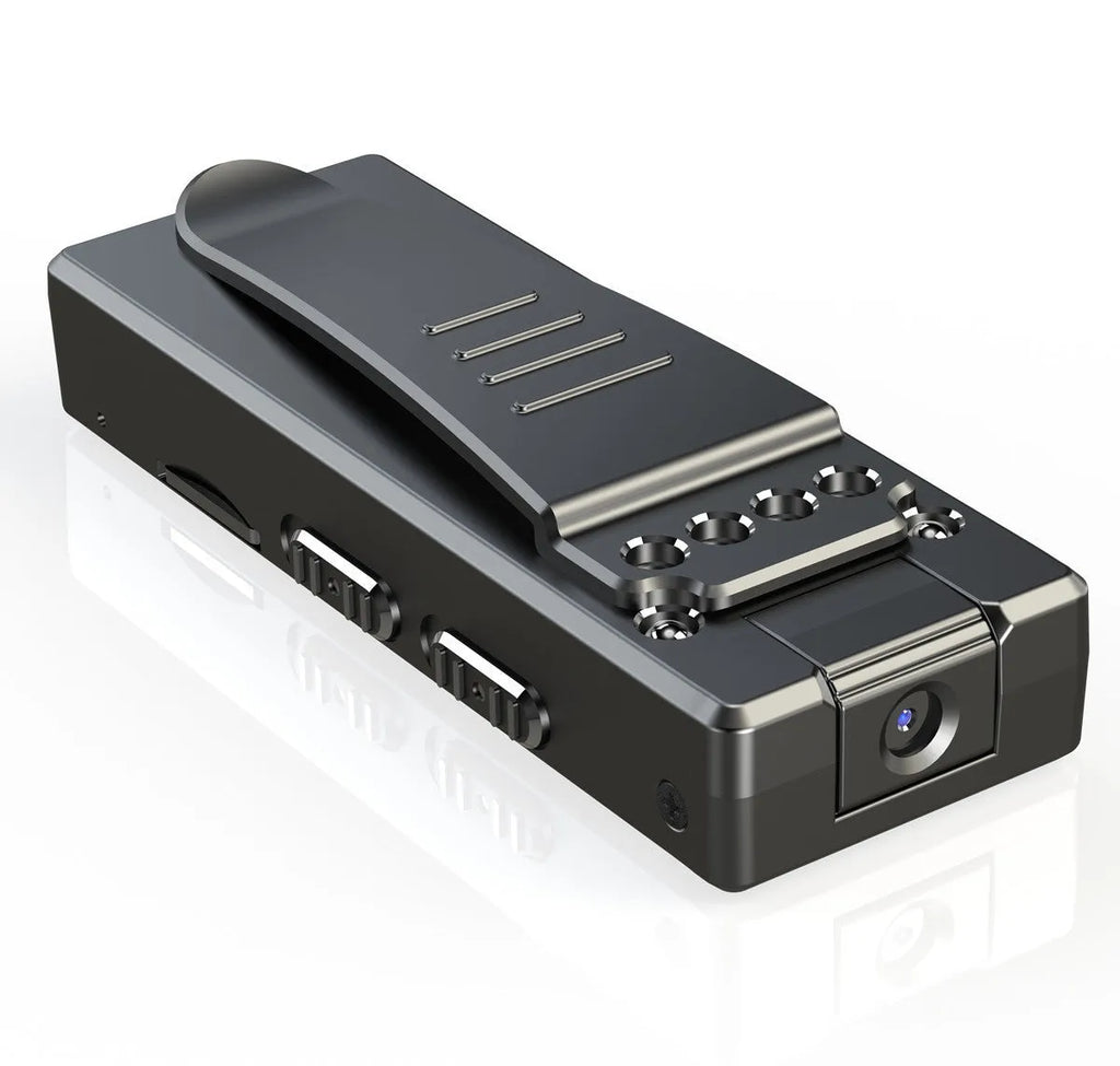 Black 1080p HD digital video camera with a rotatable lens, suitable for use as a dash cam or action camera.