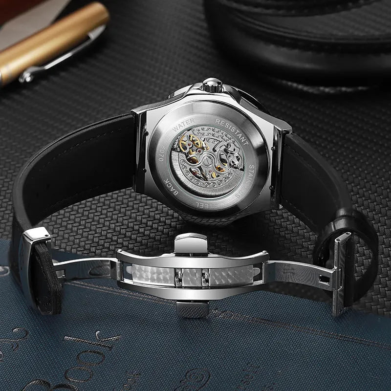 Men's automatic mechanical watch with diamond-studded hollow movement and white case