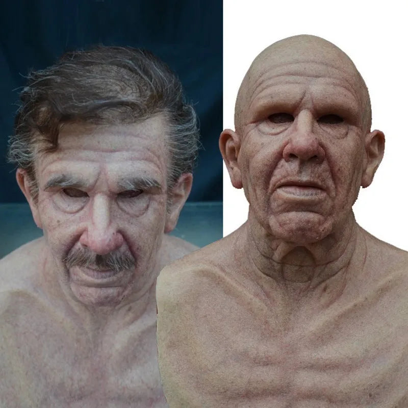 Latex Halloween old man mask with white hair and white beard, curly hair style on display