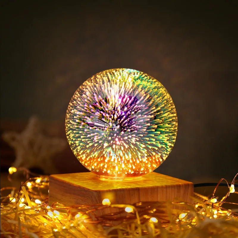 USB 3D firework crystal ball night light with touch control on a wooden table, warm LED glow effect