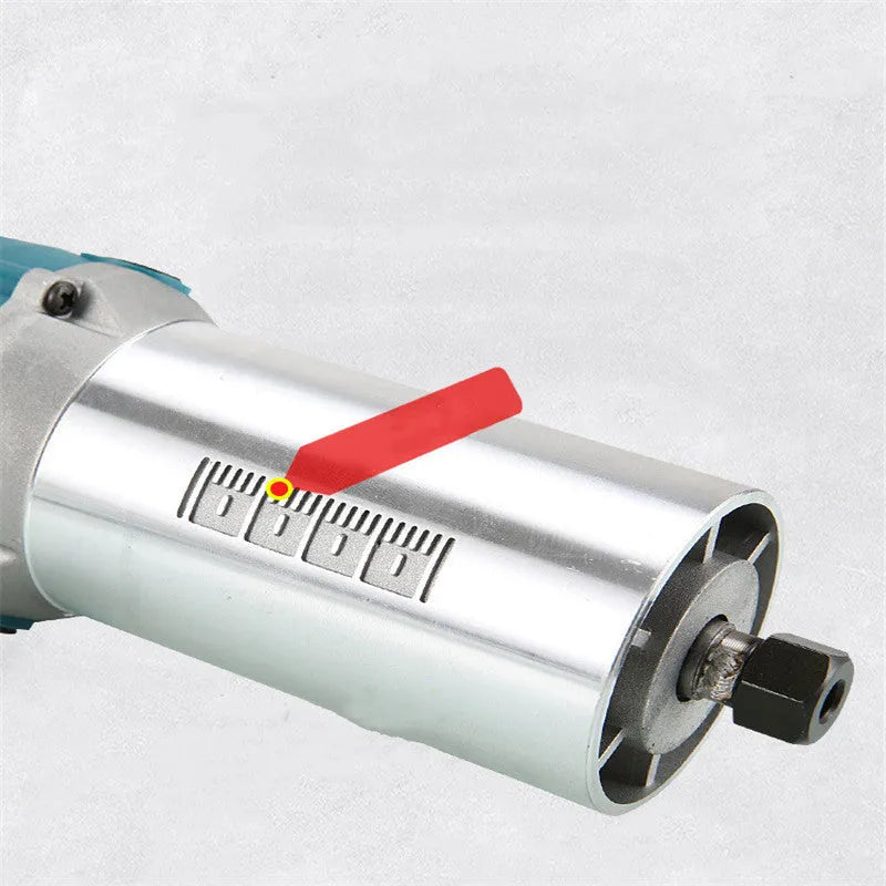 Electric wood polishing trimmer 800W with aluminium casing, 2cm processing depth, on workbench