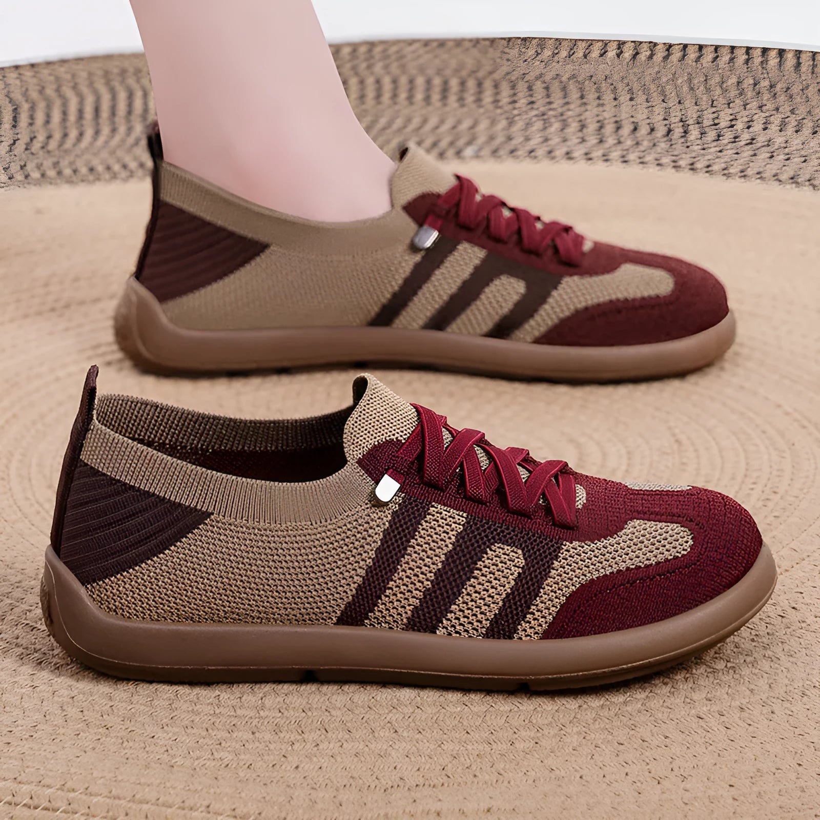Retro German training shoes in camel with flyknit upper, polyurethane sole, and front lace-up closure