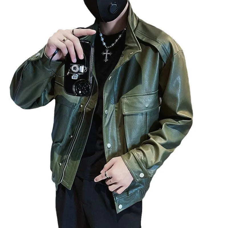 Men's black Korean-style pilot leather jacket with side pockets and straight hem